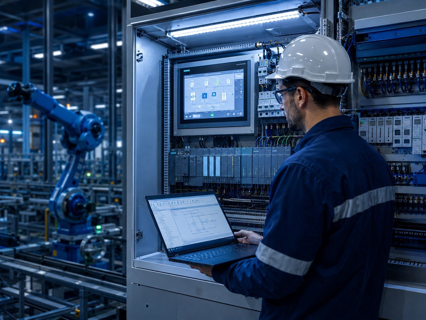 Engenheiro programando sistema de automação